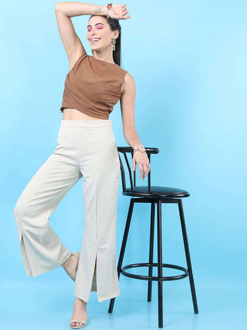 Women's Solid Flared Pants With Slit
