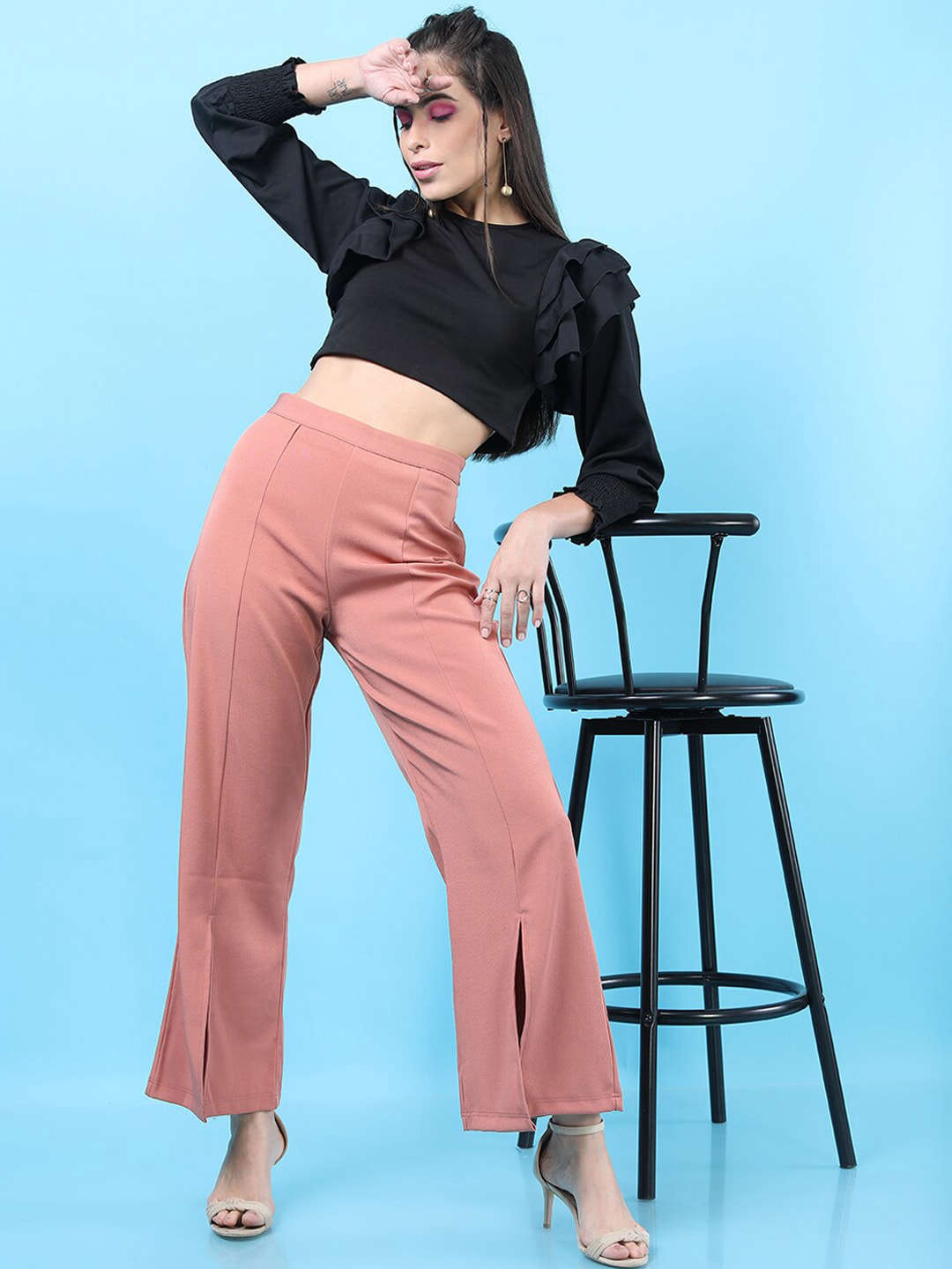 Women's Solid Flared Pants With Slit