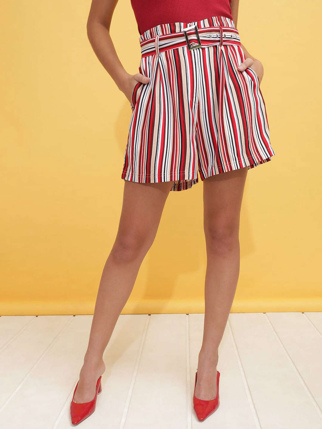 Women's Striped Belted Shorts