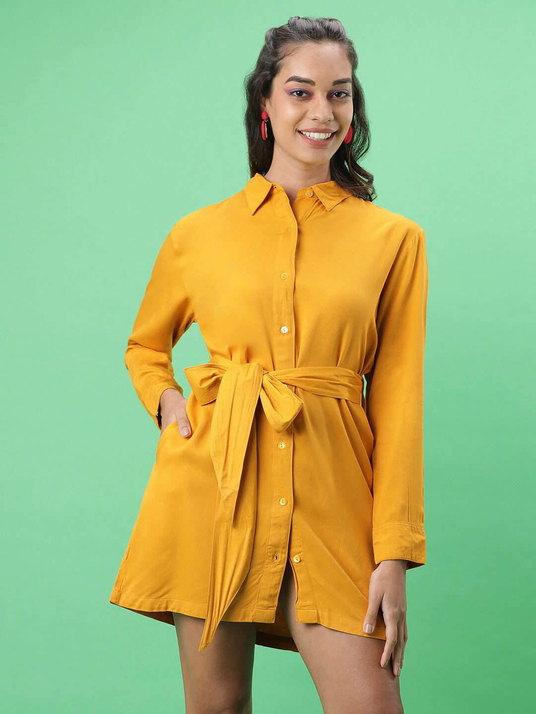 Women's Solid Shirt Dress With Front Tie-Up