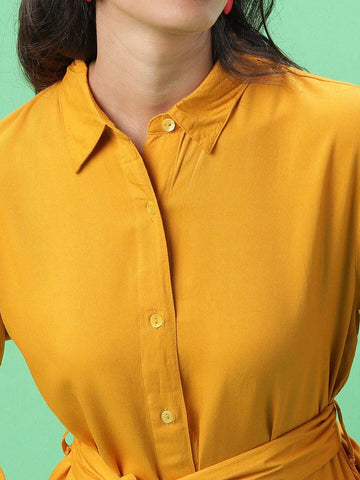 Women's Solid Shirt Dress With Front Tie-Up