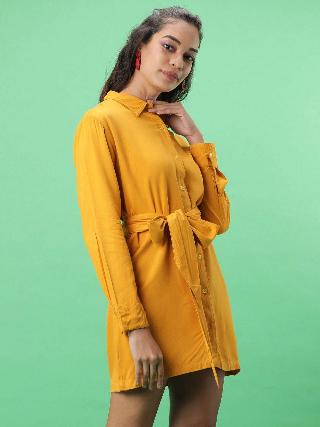 Women's Solid Shirt Dress With Front Tie-Up