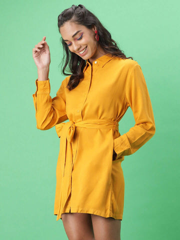 Women's Solid Shirt Dress With Front Tie-Up
