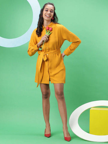 Women's Solid Shirt Dress With Front Tie-Up