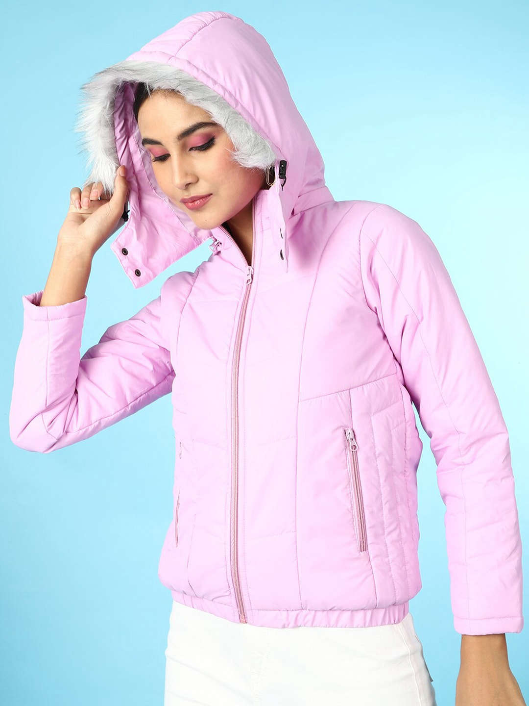 Women's Quilted Hooded Jacket With Faux Fur