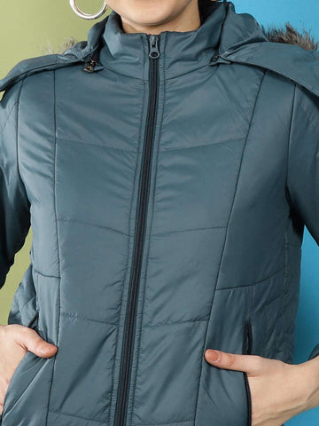 Women's Quilted Hooded Jacket With Faux Fur