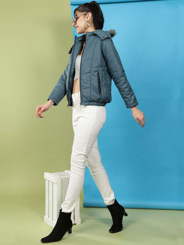 Women's Quilted Hooded Jacket With Faux Fur