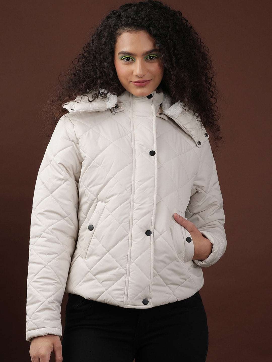 Women's Curved Jacket With Sherpa Lining At Hood