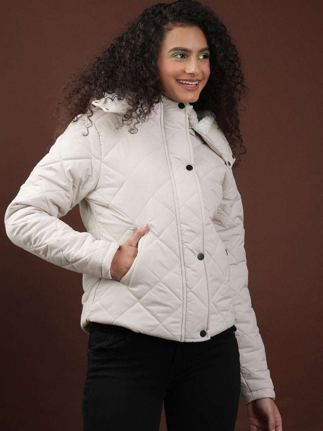 Women's Curved Jacket With Sherpa Lining At Hood