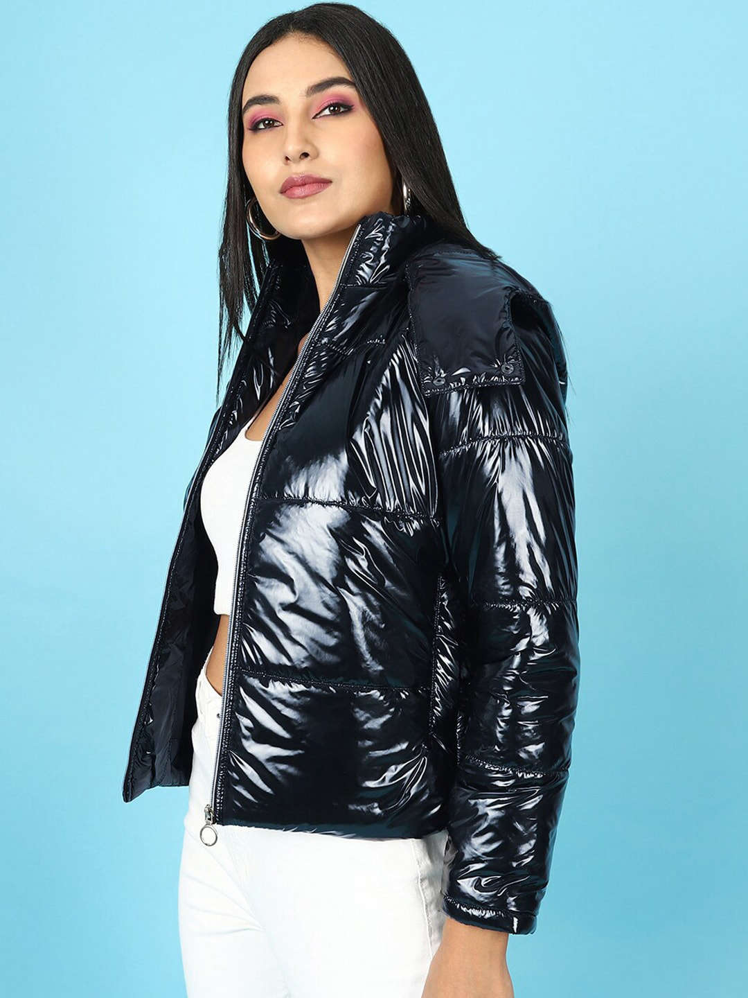 Women's Metallic Jacket With Detachable Hood