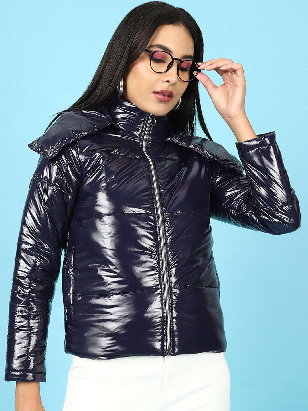 Women's Metallic Jacket With Detachable Hood