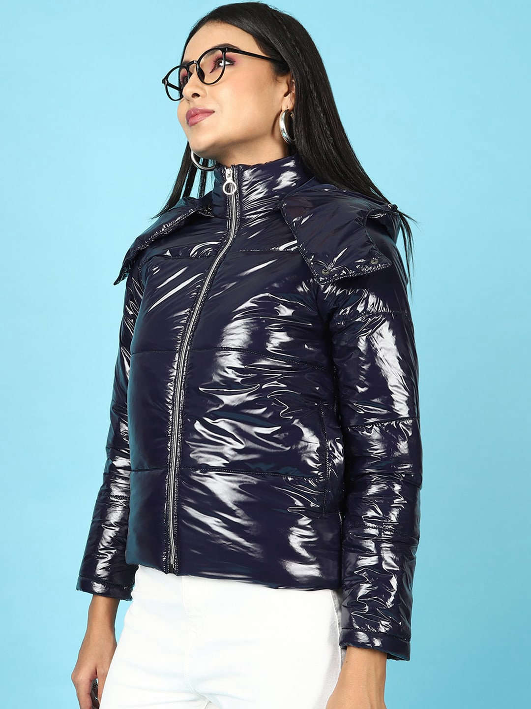 Women's Metallic Jacket With Detachable Hood