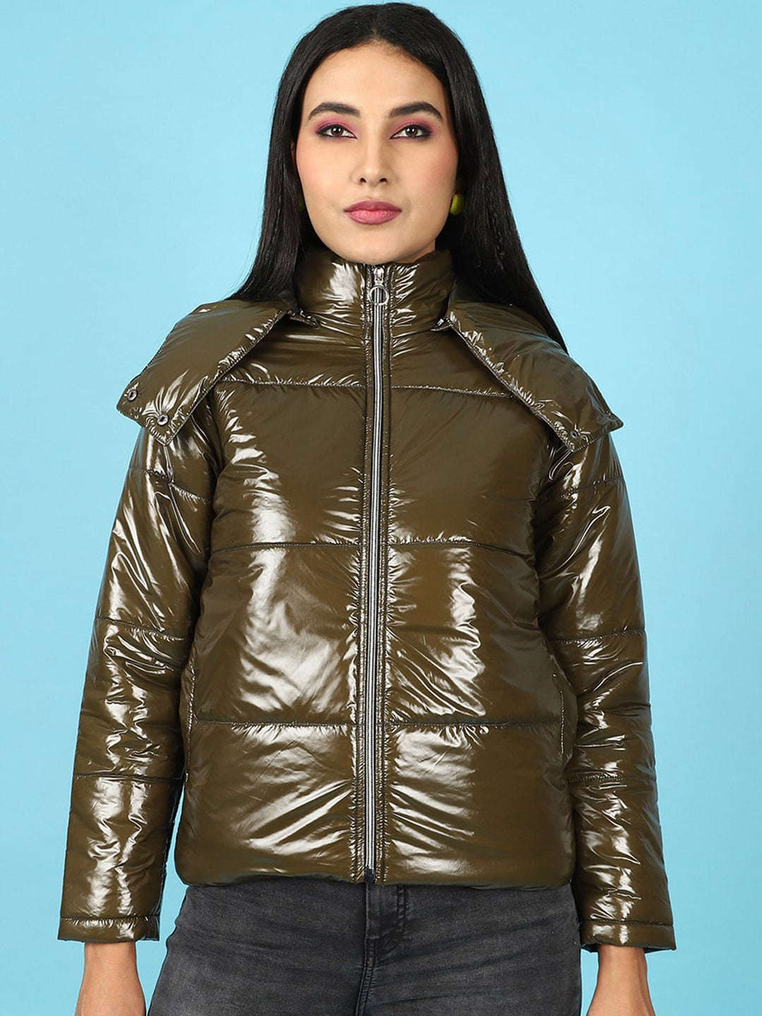 Women's Metallic Jacket With Detachable Hood