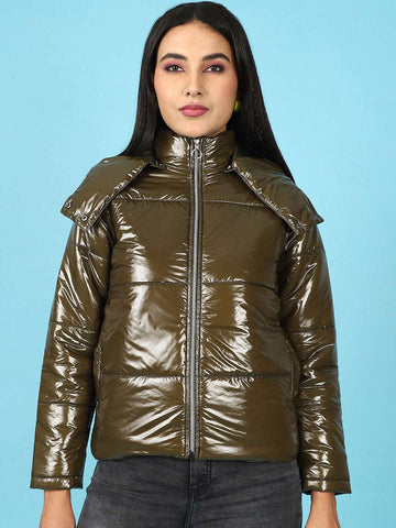 Women's Metallic Jacket With Detachable Hood