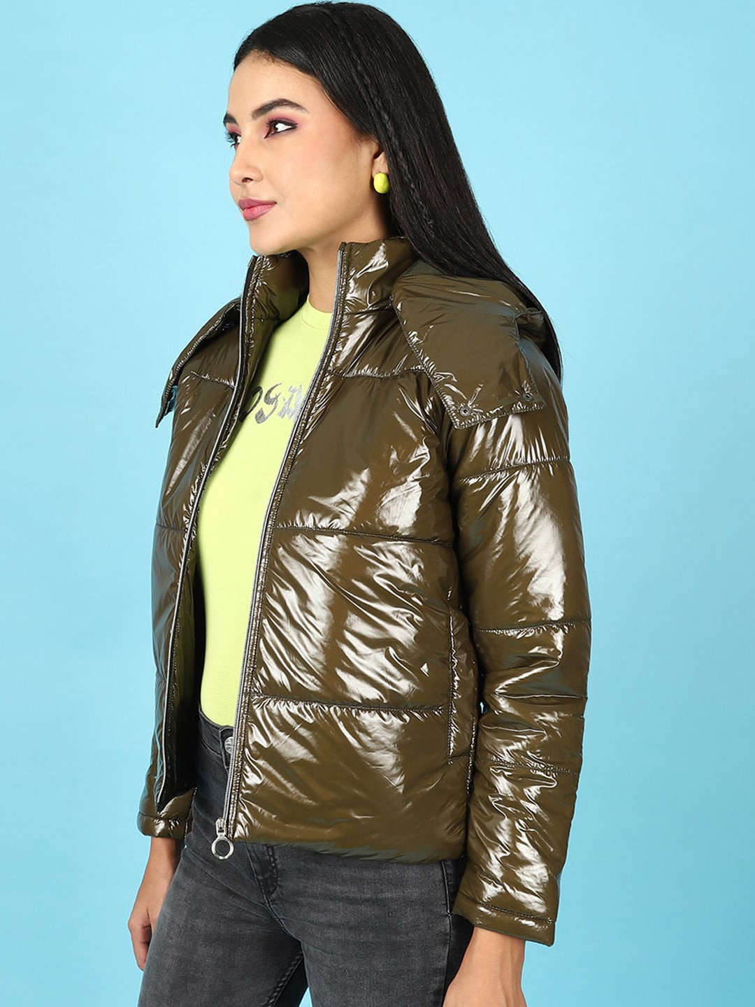 Women's Metallic Jacket With Detachable Hood
