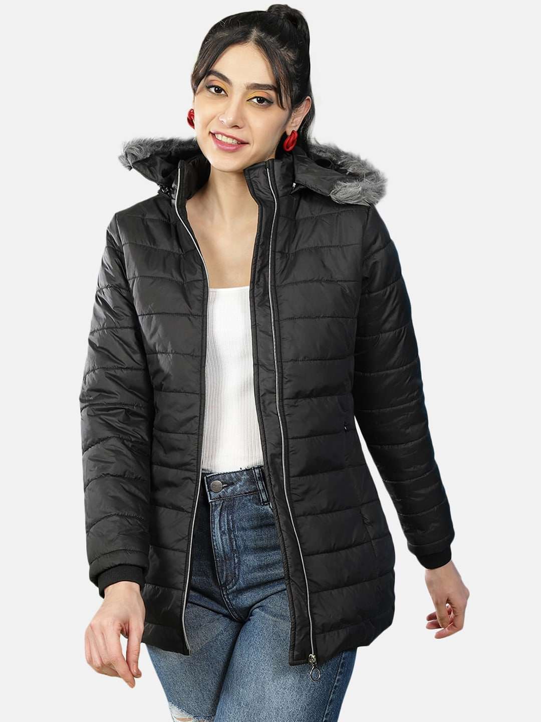 Women's Basic Parka With Fur Insert At Hood