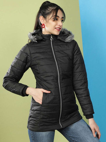 Women's Basic Parka With Fur Insert At Hood