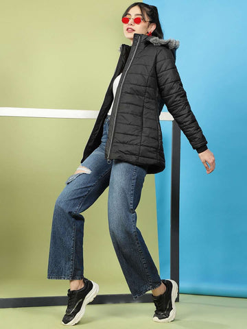 Women's Basic Parka With Fur Insert At Hood