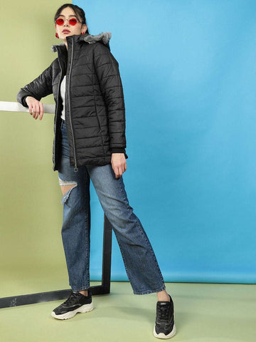 Women's Basic Parka With Fur Insert At Hood