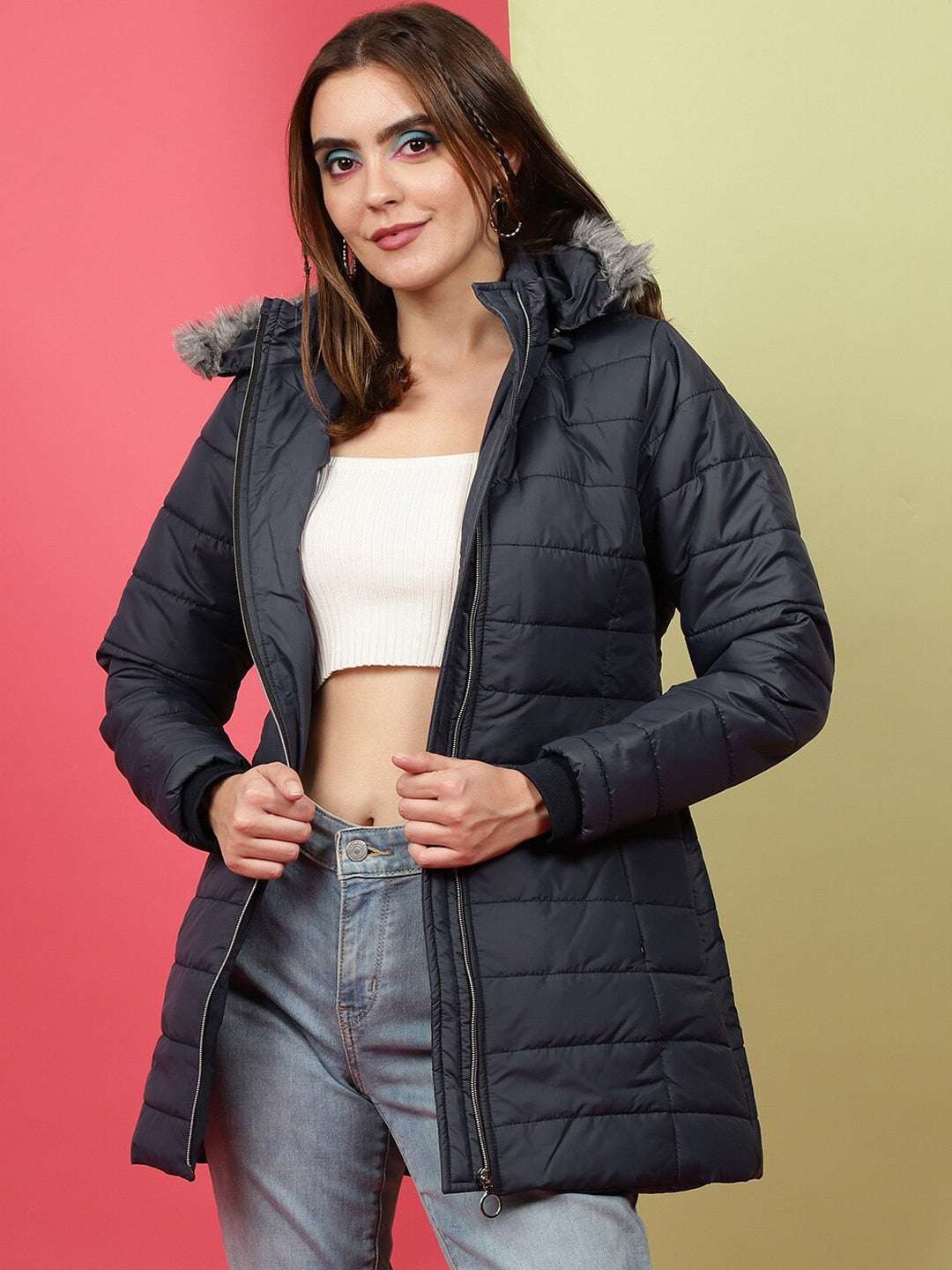 Women's Basic Parka With Fur Insert At Hood