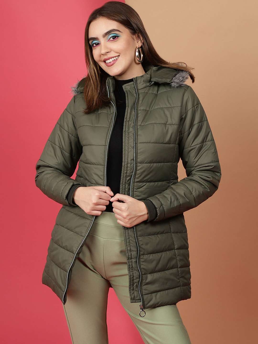 Women's Basic Parka With Fur Insert At Hood