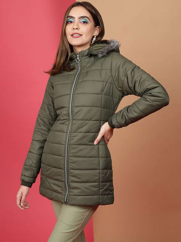 Women's Basic Parka With Fur Insert At Hood