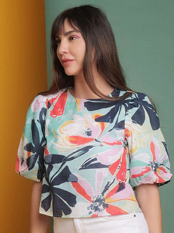 Women's Puff Sleeves Floral Printed Top