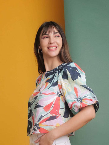 Women's Puff Sleeves Floral Printed Top