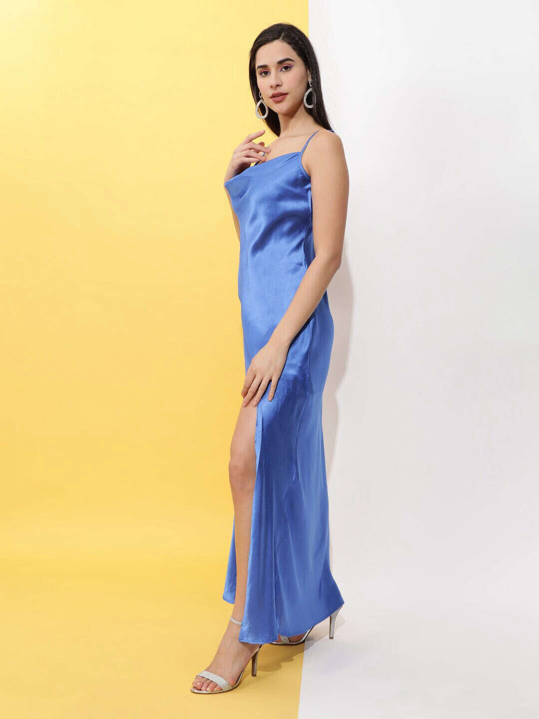 Women's Cowl Neck Satin Maxi Dress With Slit