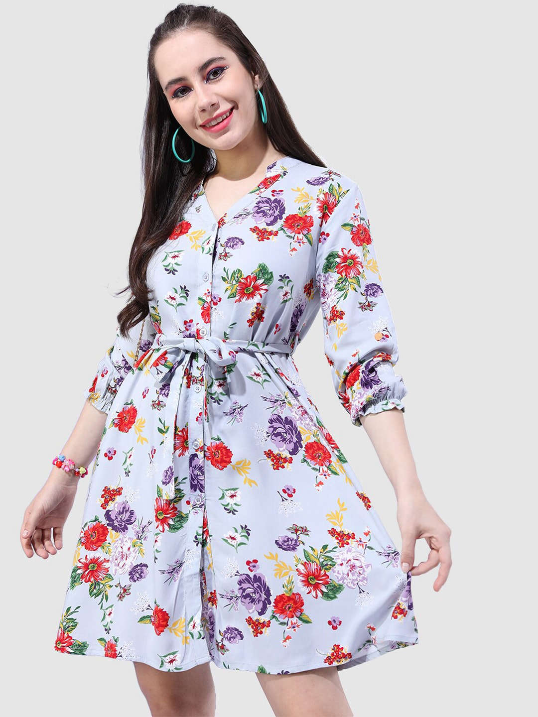 Women's Printed A Line Short Floral Dress With Belt
