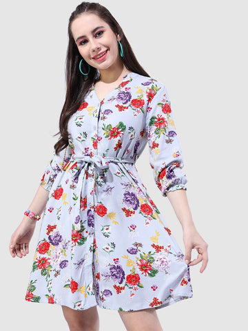 Women's Printed A Line Short Floral Dress With Belt