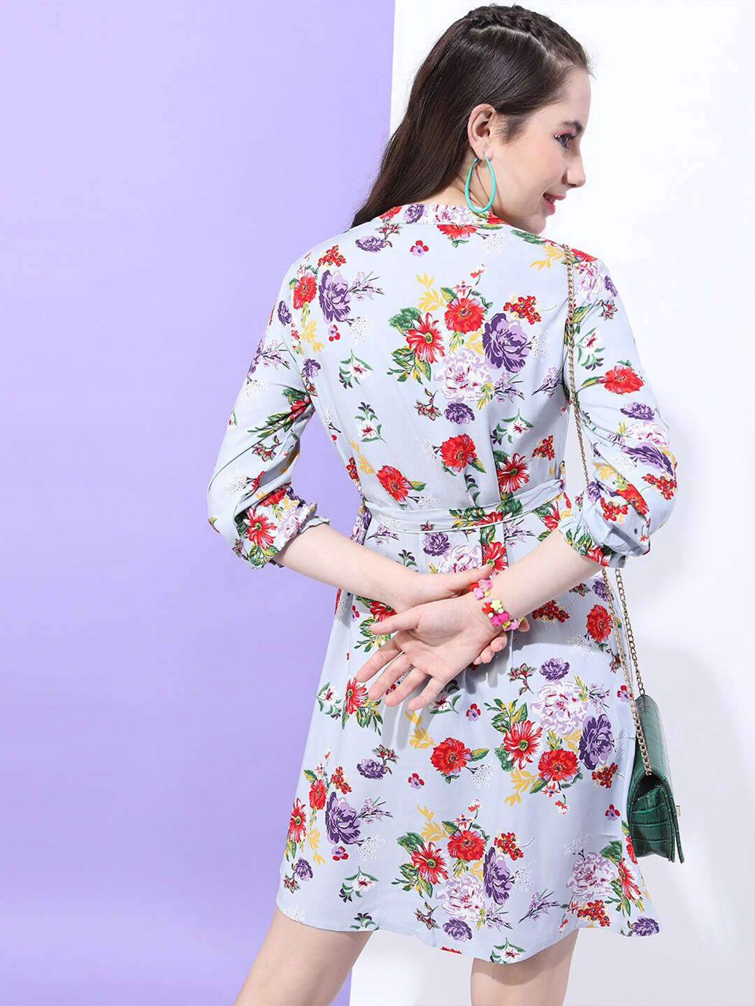 Women's Printed A Line Short Floral Dress With Belt