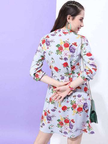 Women's Printed A Line Short Floral Dress With Belt