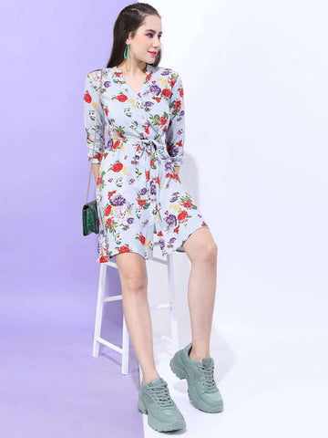 Women's Printed A Line Short Floral Dress With Belt