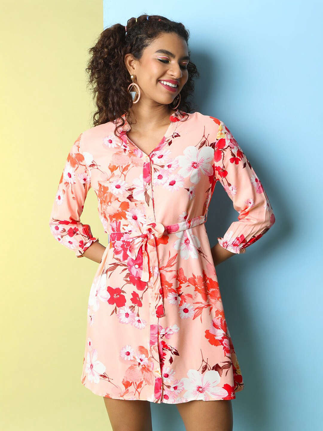 Women's Printed A Line Short Floral Dress With Belt