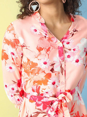 Women's Printed A Line Short Floral Dress With Belt
