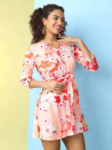Women's Printed A Line Short Floral Dress With Belt