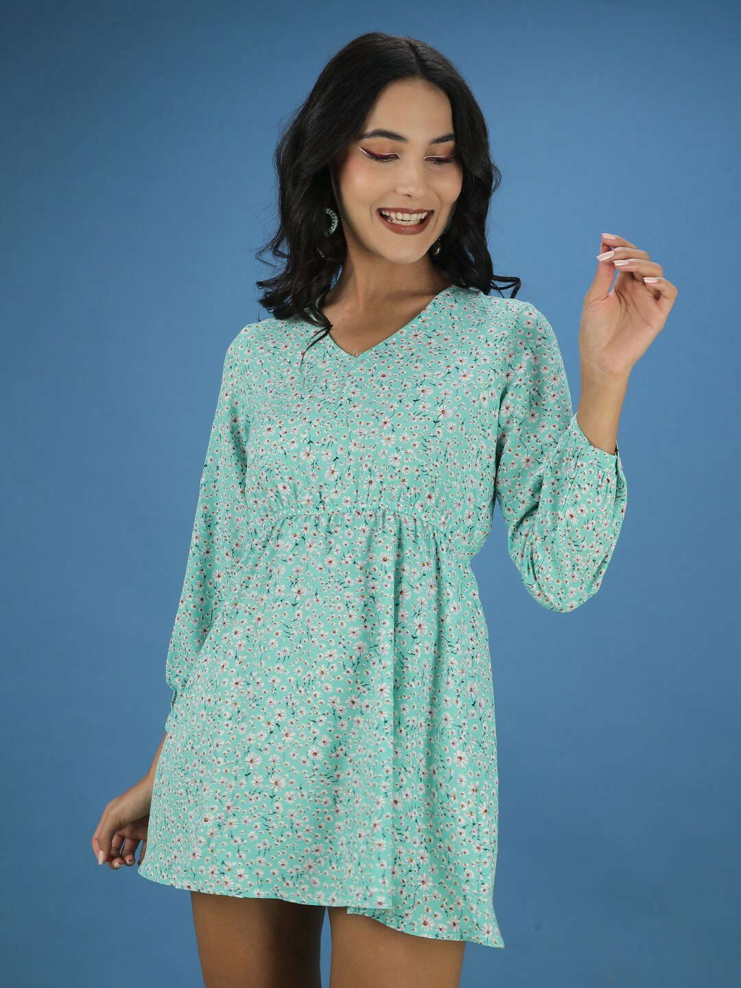 Women's Printed V Neck Flare Dress