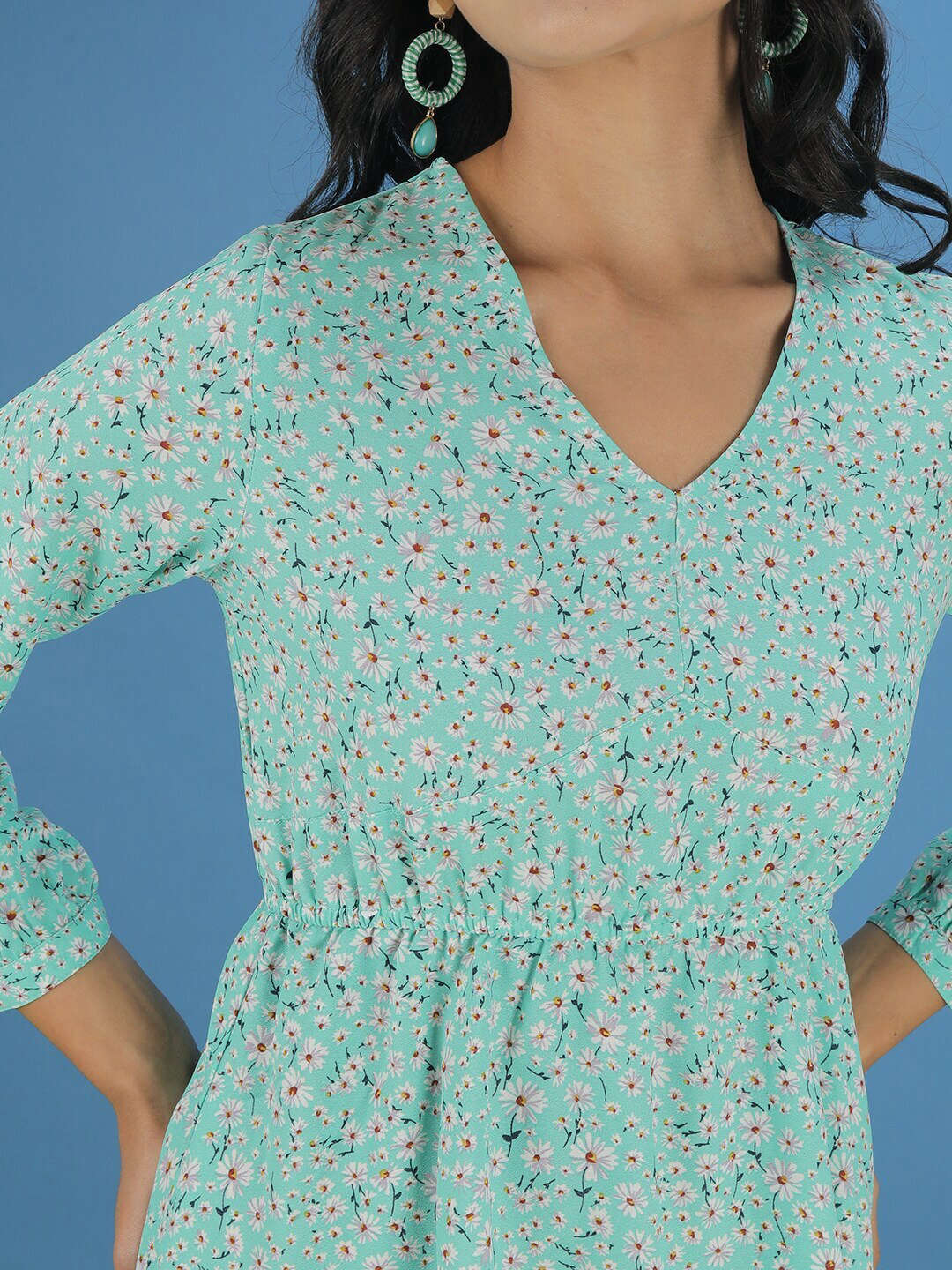 Women's Printed V Neck Flare Dress