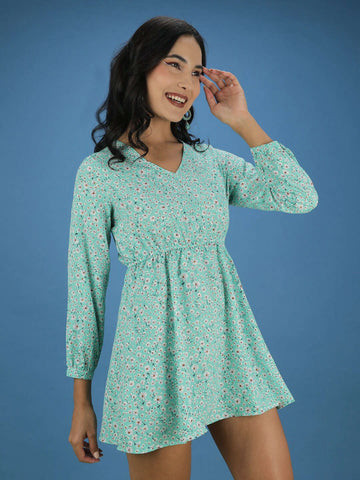 Women's Printed V Neck Flare Dress