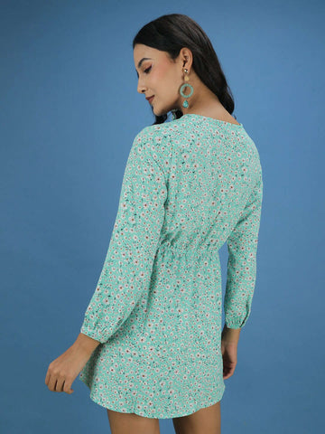 Women's Printed V Neck Flare Dress