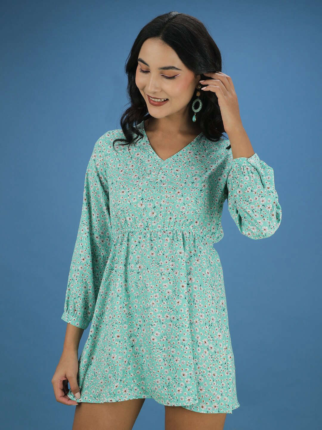 Women's Printed V Neck Flare Dress