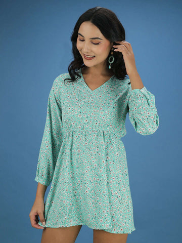 Women's Printed V Neck Flare Dress