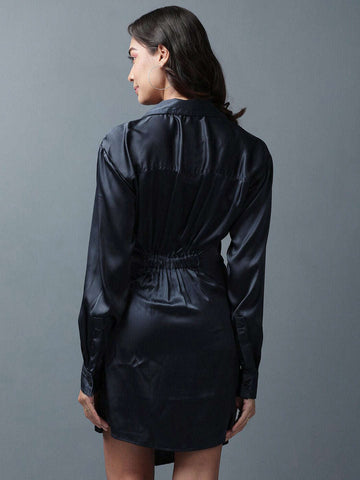 Women's Satin Boxy Fit Pleated Dress