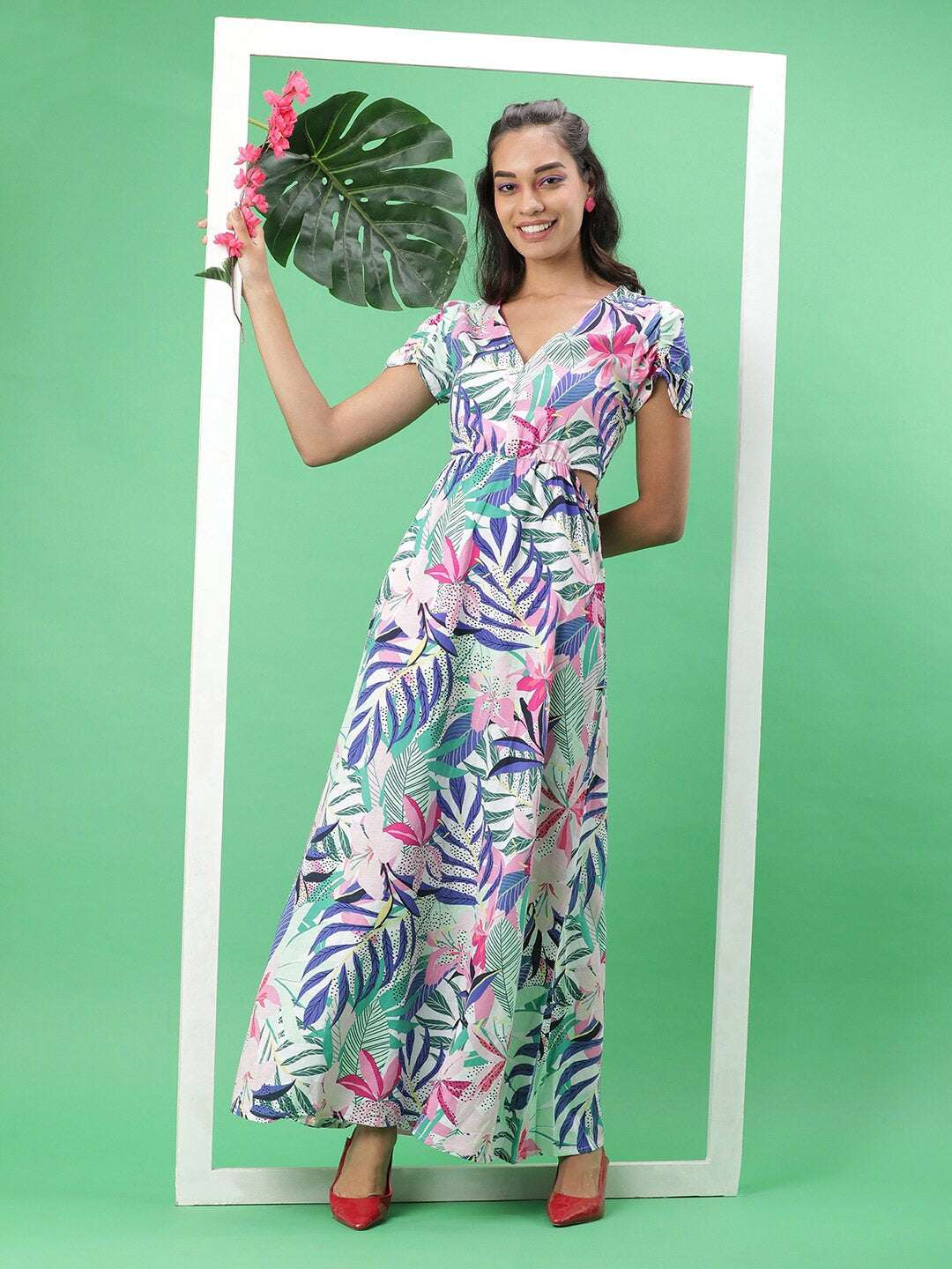 Women's Tropical Maxi Dress With Cut Out