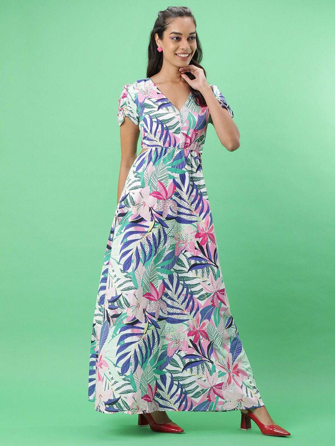 Women's Tropical Maxi Dress With Cut Out