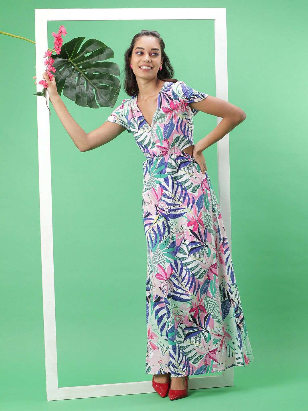 Women's Tropical Maxi Dress With Cut Out