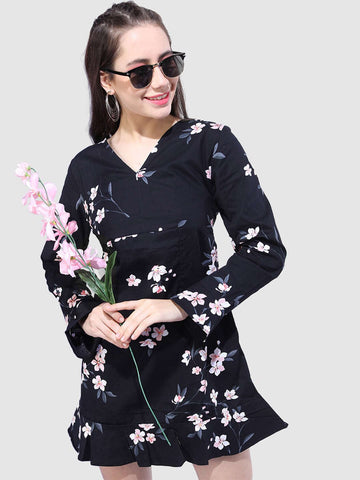 Women's Printed V Neck Short Dress