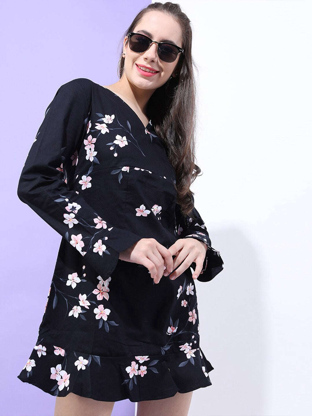 Women's Printed V Neck Short Dress