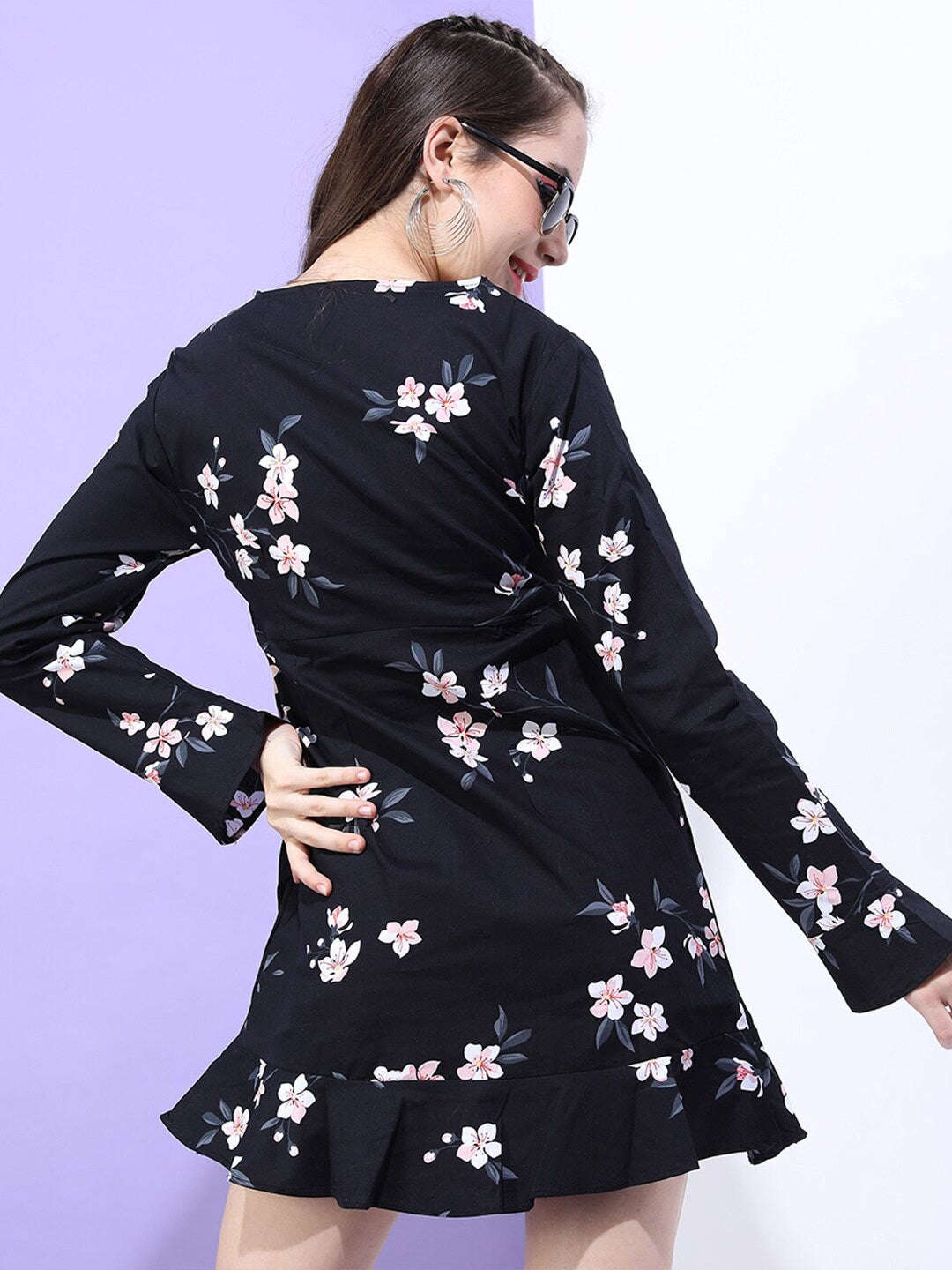 Women's Printed V Neck Short Dress